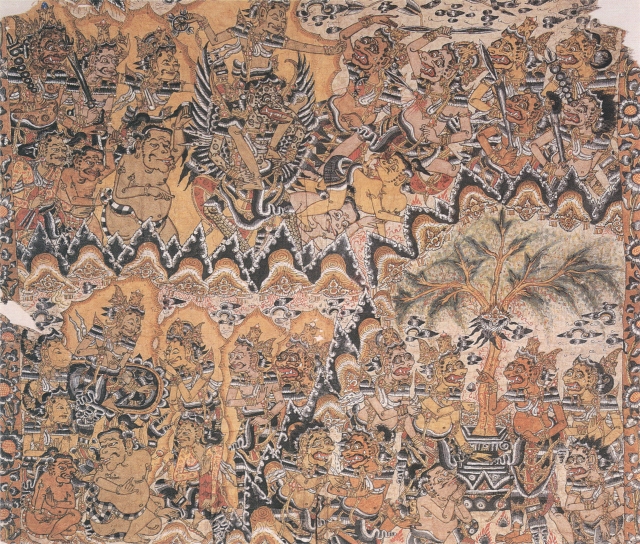 Kamasan 1605 wayan Dogol, The charming of Mandara Giri, natural pigment on paper.